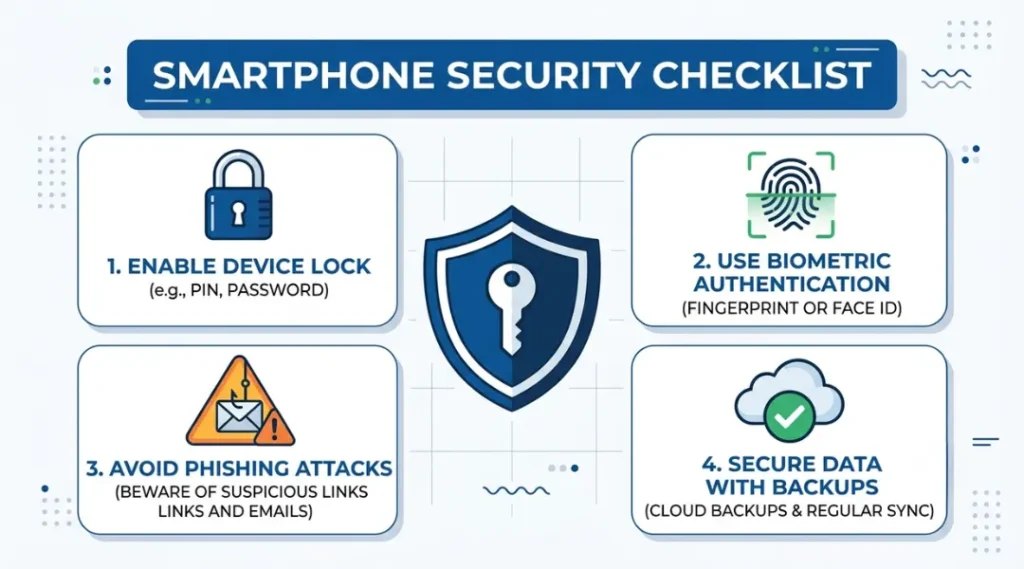 Labeled infographic showing key smartphone security practices with a shield icon