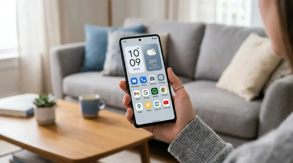 Person holding a modern smartphone tips displaying a home screen with organized widgets and app icons