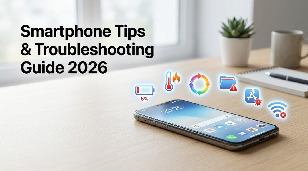 Modern smartphone troubleshooting guide hero image showing a phone with battery, storage, overheating, app crash, and Wi-Fi issue icons.