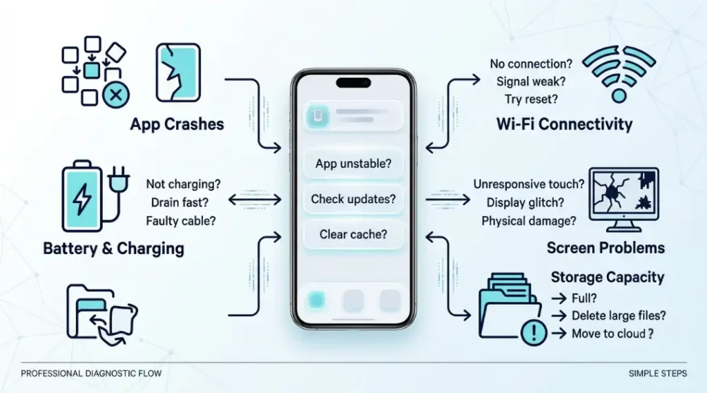 Smartphone troubleshooting checklist for battery, storage, connectivity, and app errors