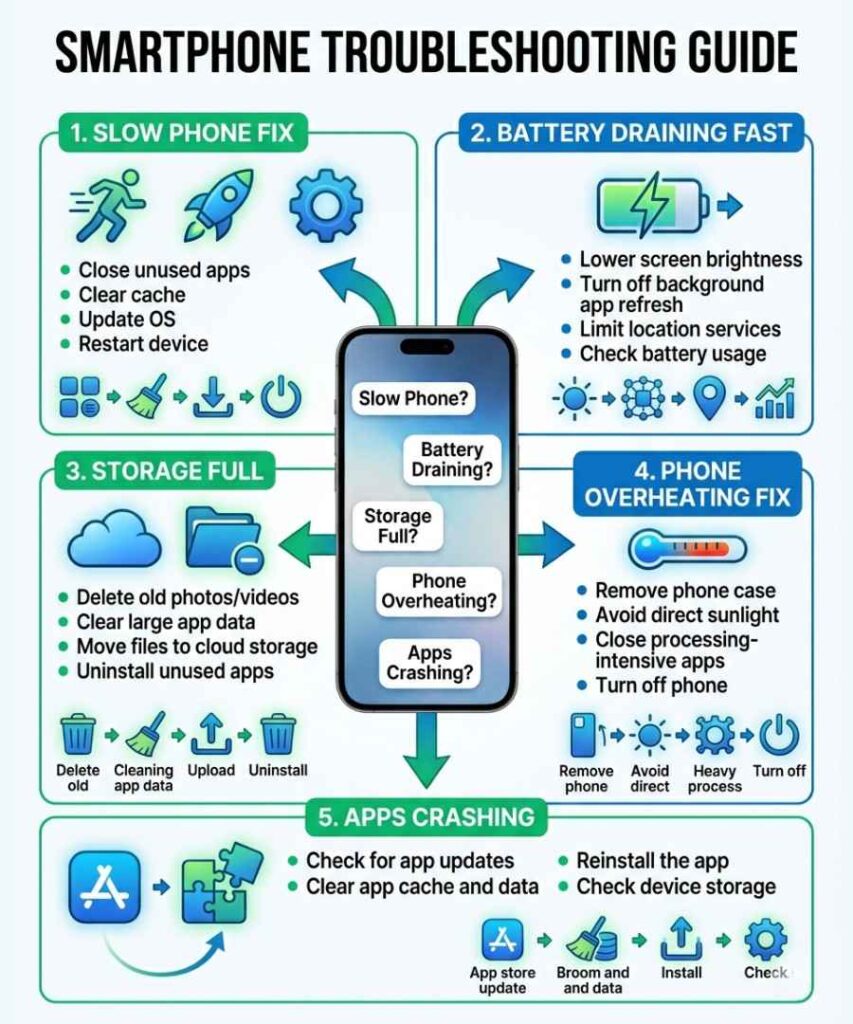 Vertical smartphone troubleshooting infographic covering slow phone fixes, battery drain, storage full issues, overheating, and app crashes.