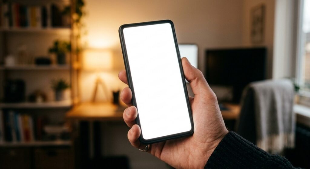 Smartphone displaying a full white screen failure held in a person's hand