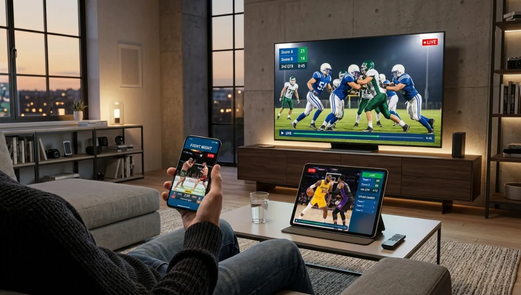 streameast app interface showing live sports streaming on multiple devices including smartphone tablet and smart TV in 2026