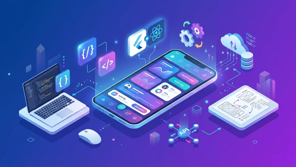 Mobile app development concept illustration showing a smartphone with app interface surrounded by development tools, code symbols, Flutter and React Native icons, and wireframe sketches on a blue-purple gradient background