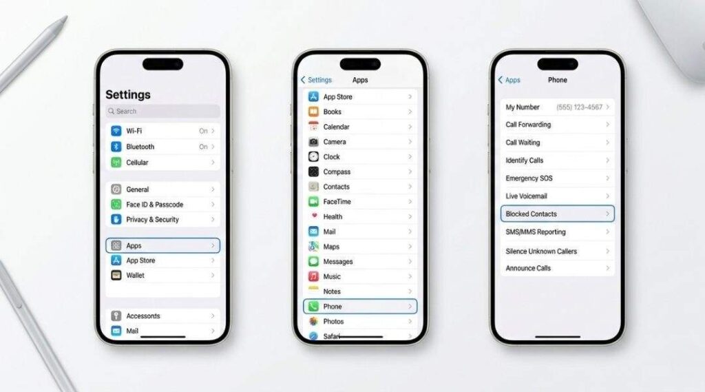 Step by step iPhone Settings navigation path to view blocked contacts iOS 18 Settings Apps Phone