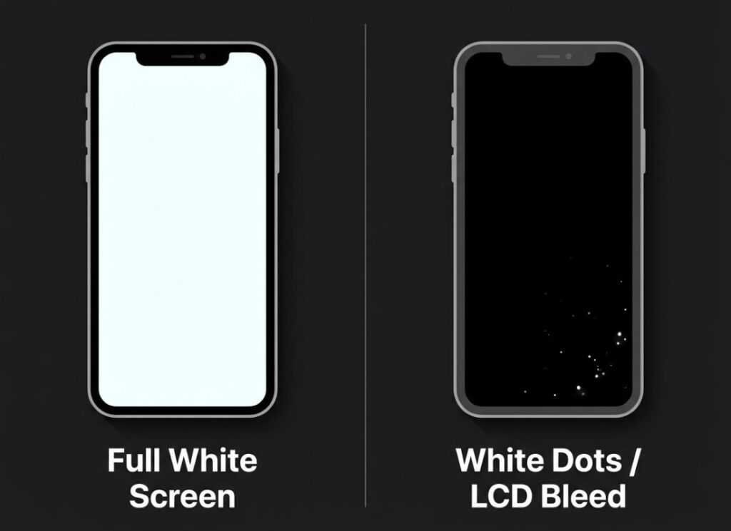 Comparison of full white screen failure and white dots on mobile phone display showing two distinct failure types