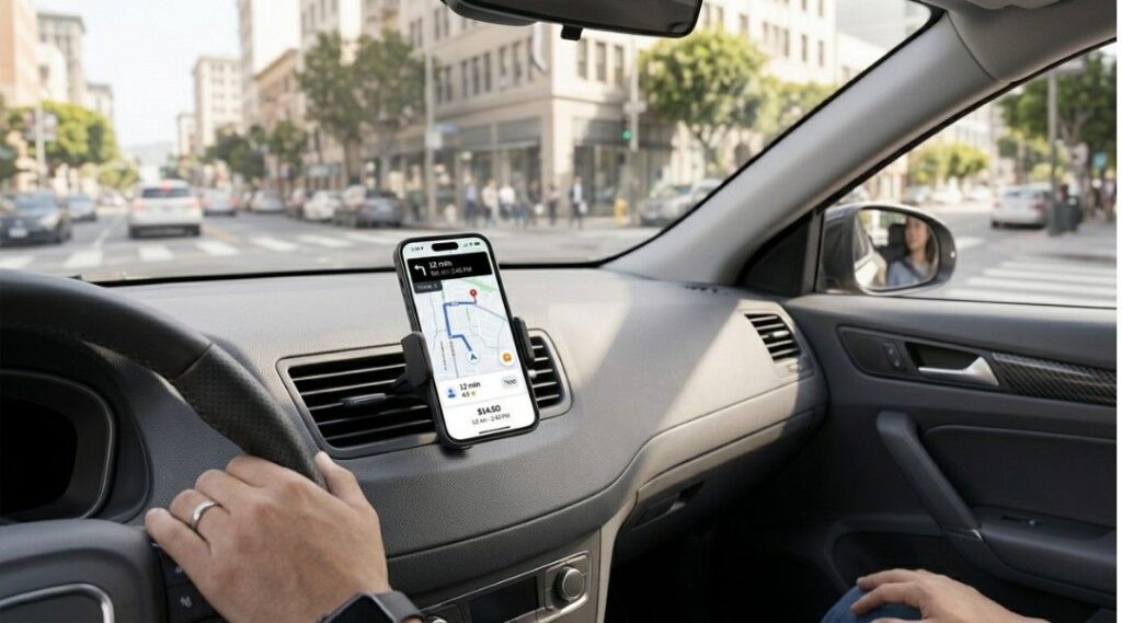 wireless car charger mounted on car vent charging smartphone during driving with navigation in rideshare setup