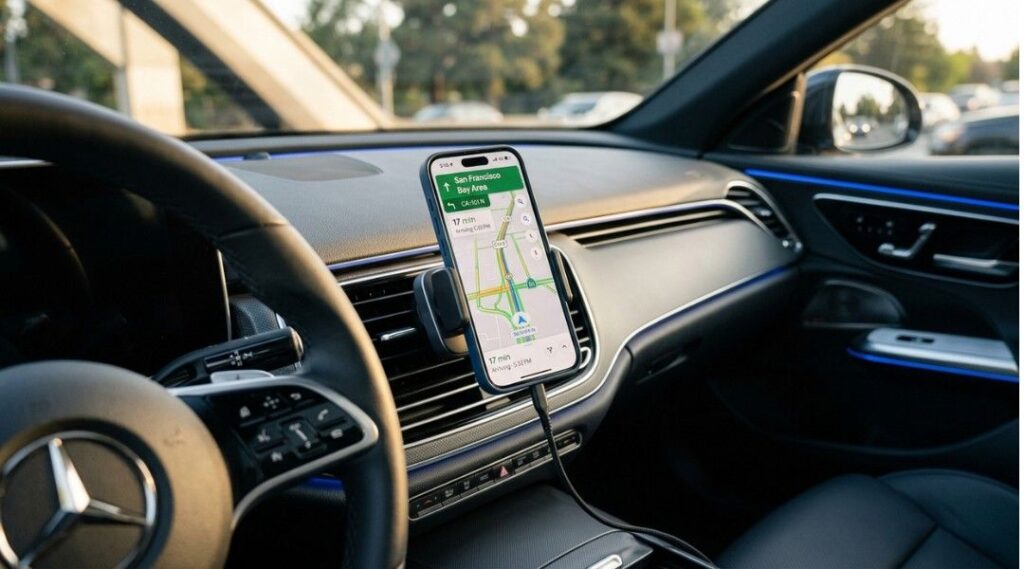 magnetic wireless car charger mounted on air vent charging smartphone with navigation app in modern car interior
