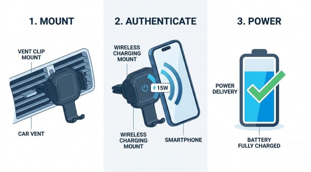 wireless car charger working diagram showing mount authenticate and power stages with qi2 15w charging process