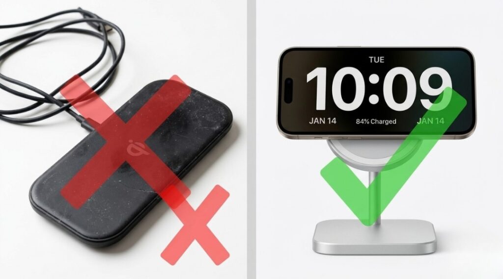 Example of incorrect iPhone placement on a cheap wireless charger compared with proper magnetic alignment on a Qi2 MagSafe stand