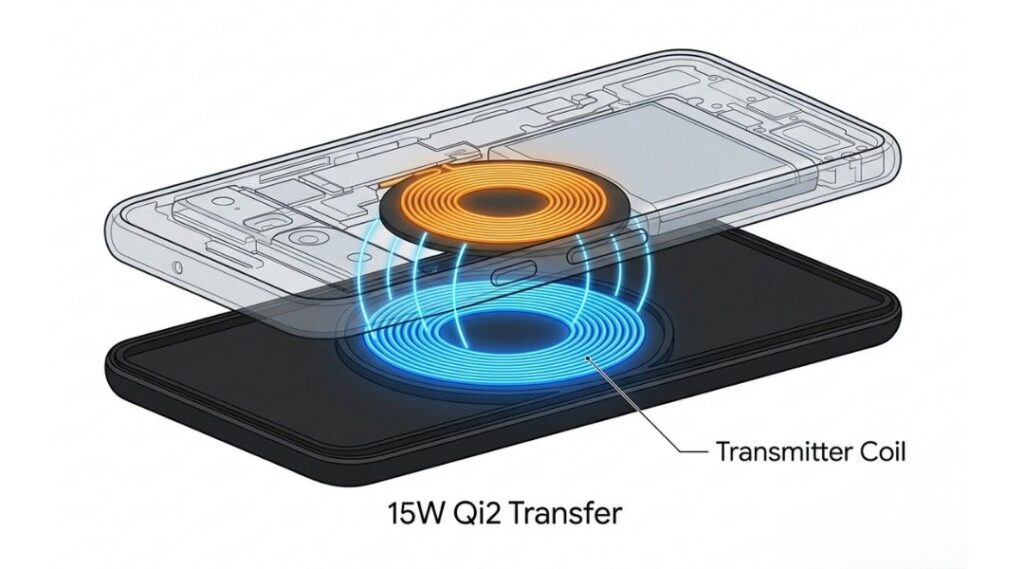 wireless charging pad showing transmitter and receiver coil alignment with 15w qi2 power transfer