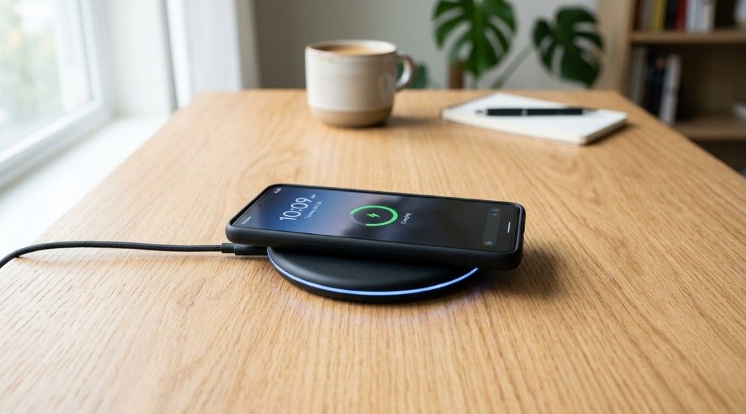 wireless charging pad charging smartphone on wooden desk with qi2 fast charging support