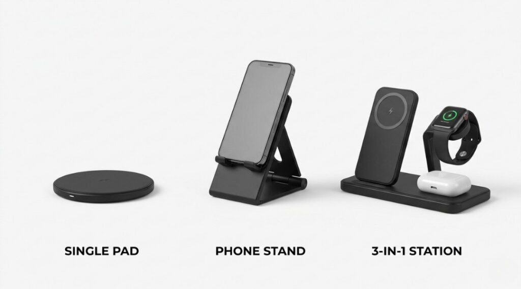 wireless charging pad comparison showing flat pad charging stand and multi device charging station