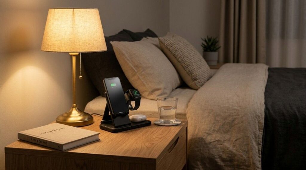 wireless charging station on nightstand charging smartphone and smartwatch in bedroom setup