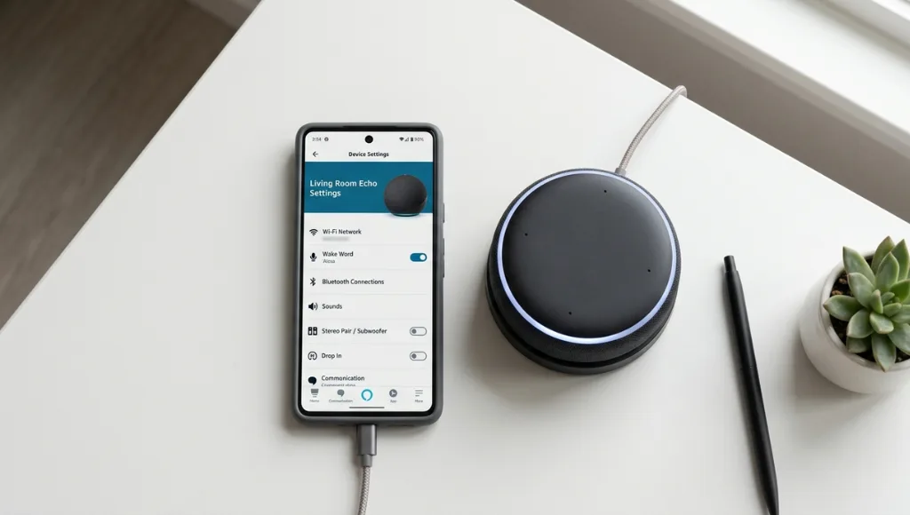 Alexa app open on smartphone showing device settings for fixing alexa not responding issue