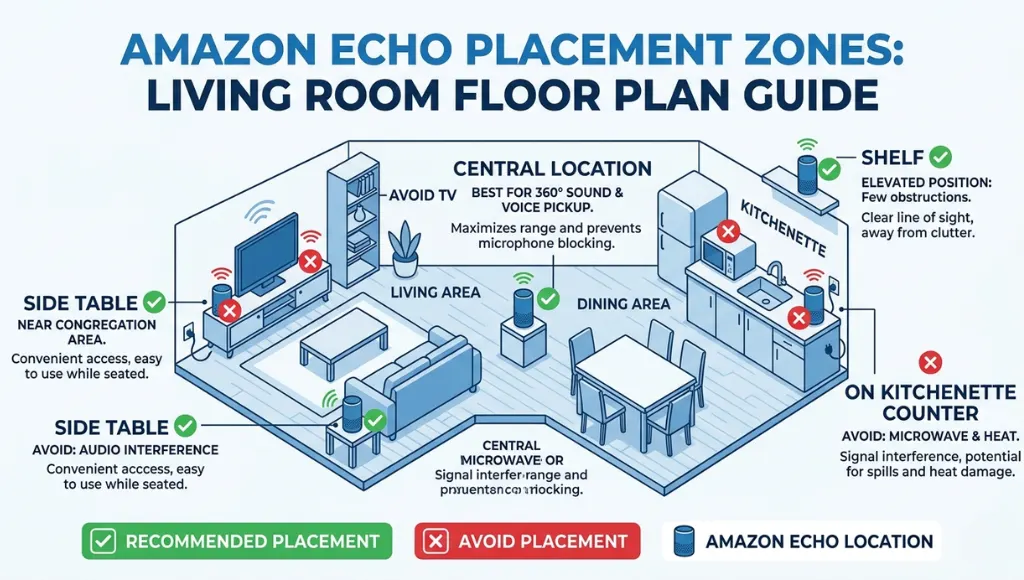 Diagram showing correct and incorrect placement positions for Alexa Echo device to avoid why is my alexa not responding issues