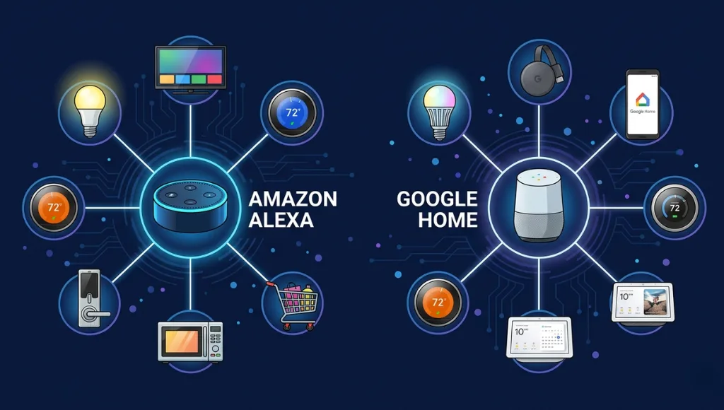 Amazon Alexa and Google Home smart home ecosystem maps showing connected device categories