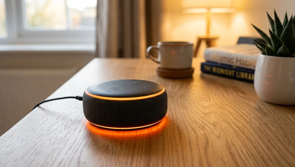Amazon Echo device showing orange ring light indicating alexa not responding to Wi-Fi