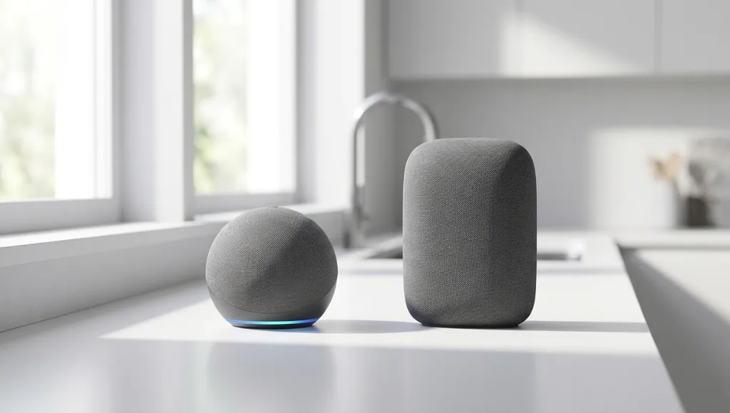 Alexa vs Google Home side-by-side speaker comparison on kitchen counter