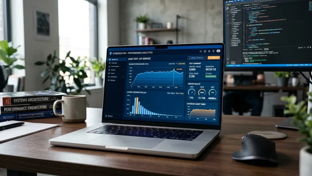 Benchmark software testing dashboard with performance graphs and test metrics