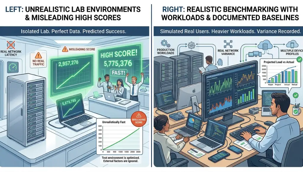 Common benchmark software testing mistakes including unrealistic lab conditions and misleading scores