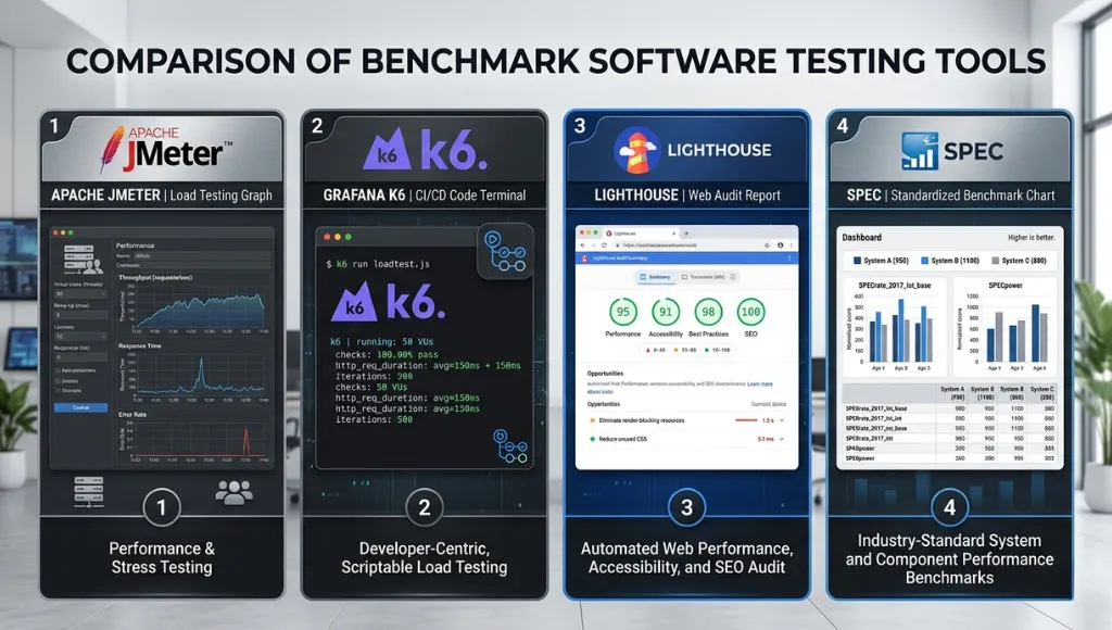 Comparison of benchmark software testing tools including JMeter, k6, Lighthouse, and SPEC