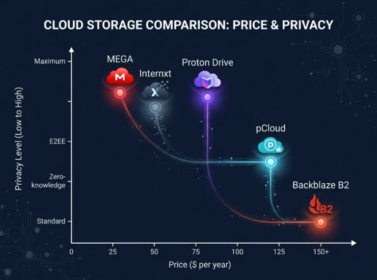 Privacy versus price chart comparing the best cloud storage alternatives for 2026 — MEGA, pCloud, Proton Drive, and Internxt