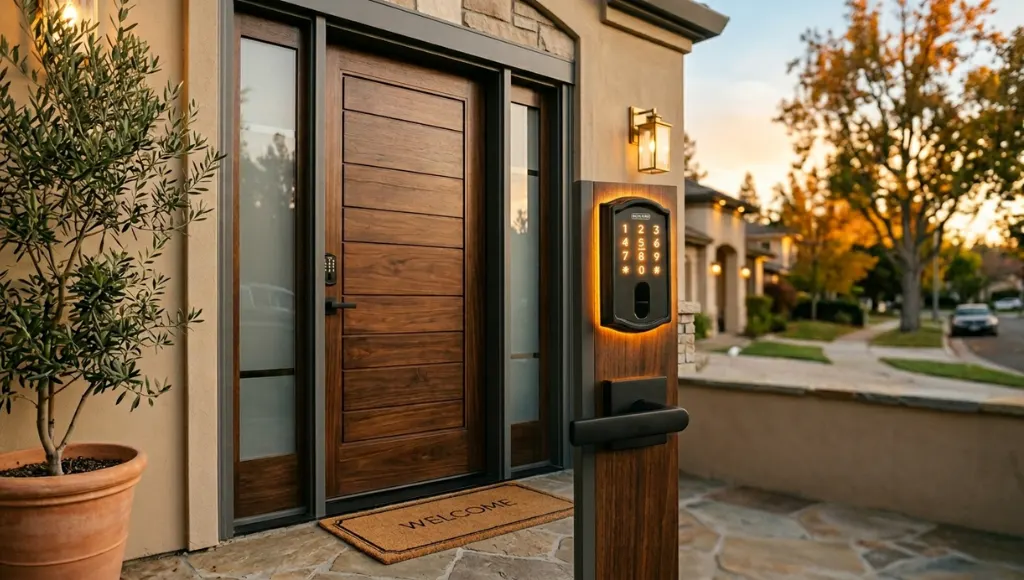 Best smart lock for front door installed on a modern home entrance with keypad access