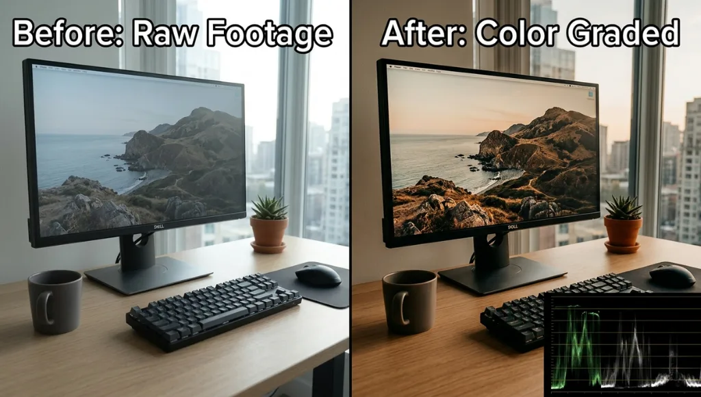 Side-by-side comparison of a video frame before and after color correction and grading, showing warmer tones and corrected exposure