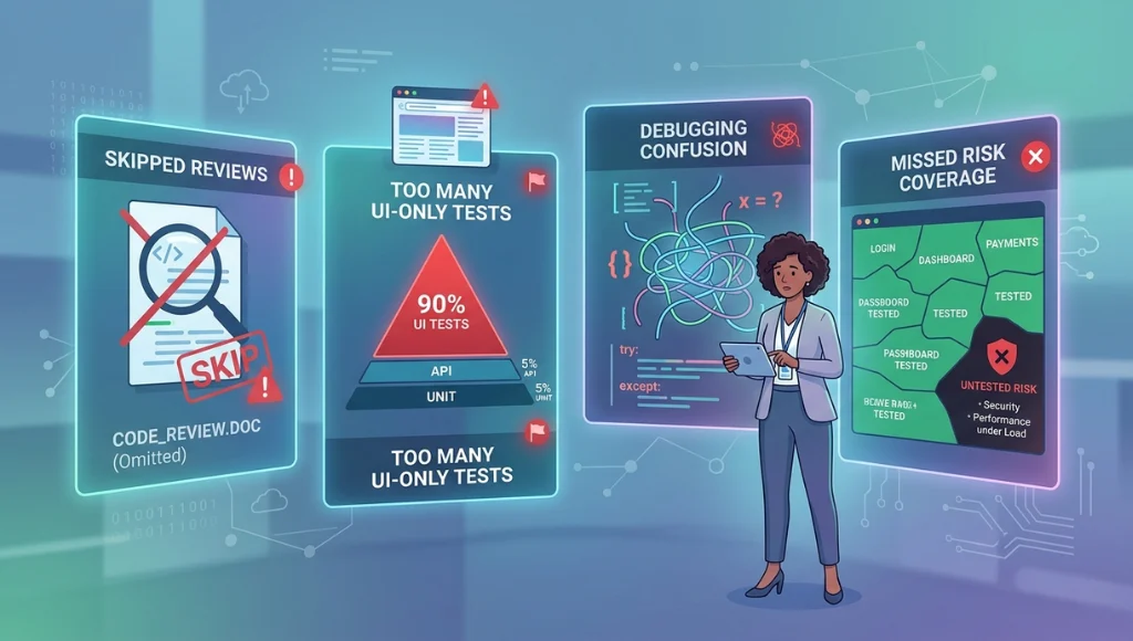 Common software testing mistakes such as UI-only testing, skipped reviews, and weak risk coverage