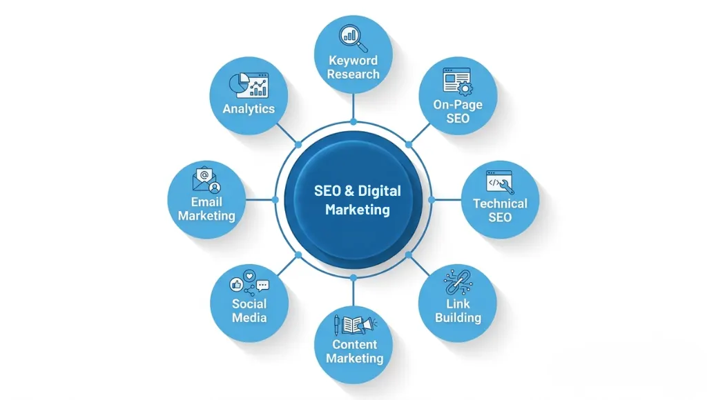 Diagram showing a topic cluster model with pillar page at center and cluster pages surrounding it