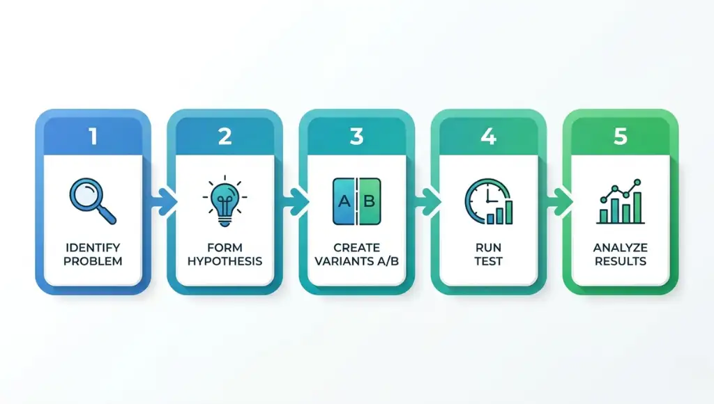 A/B testing framework diagram showing hypothesis, test variants, and statistical significance measurement