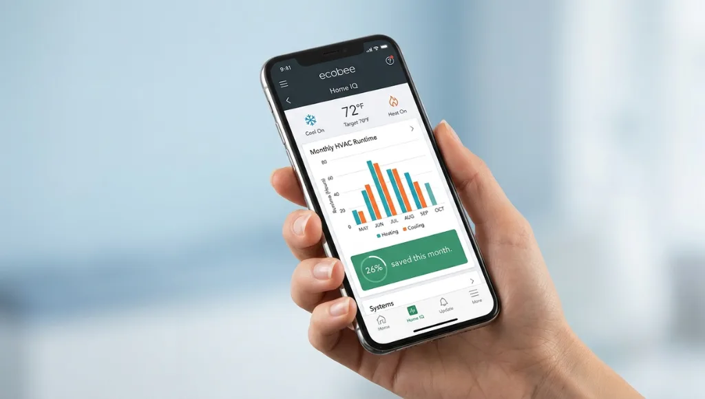 ecobee mobile app Home IQ energy savings dashboard showing monthly runtime chart and 26 percent savings statistic on a smartphone screen
