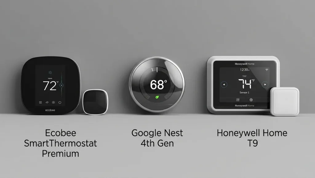 Side-by-side comparison of Ecobee, Nest 4th Generation, and Honeywell Home smart thermostats