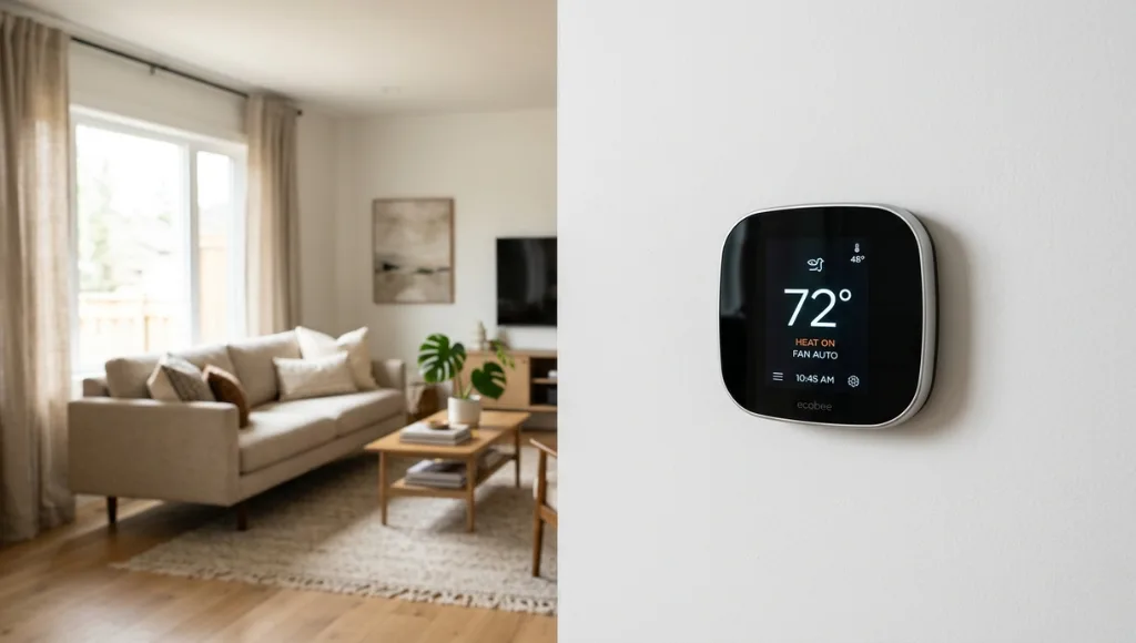 ecobee smart thermostat mounted on a white wall showing temperature display in a bright modern living room