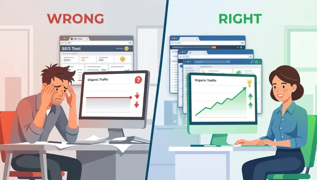 Illustration comparing wrong and right approaches to using free SEO tools for website optimization