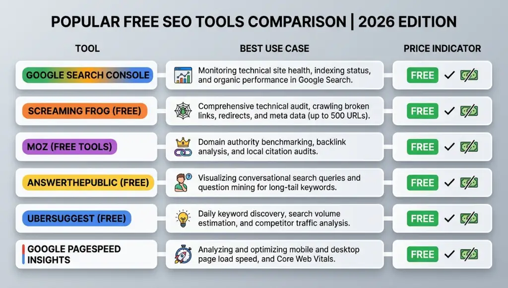 Comparison chart of the best free SEO tools in 2026 including Google Search Console, Screaming Frog, and Ahrefs