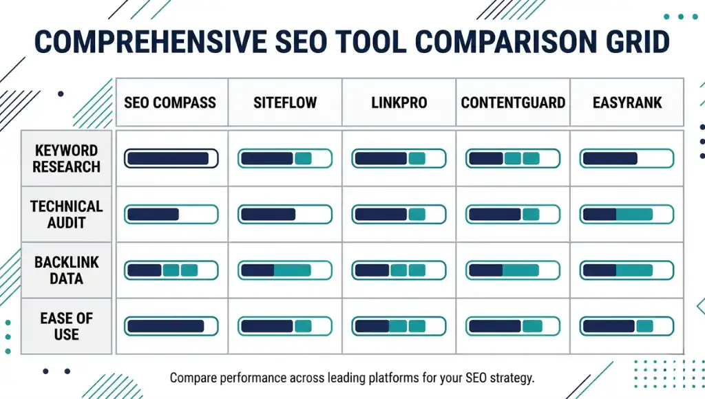 Comparison of top free SEO tools including Google Search Console, Ahrefs Webmaster Tools, and Screaming Frog