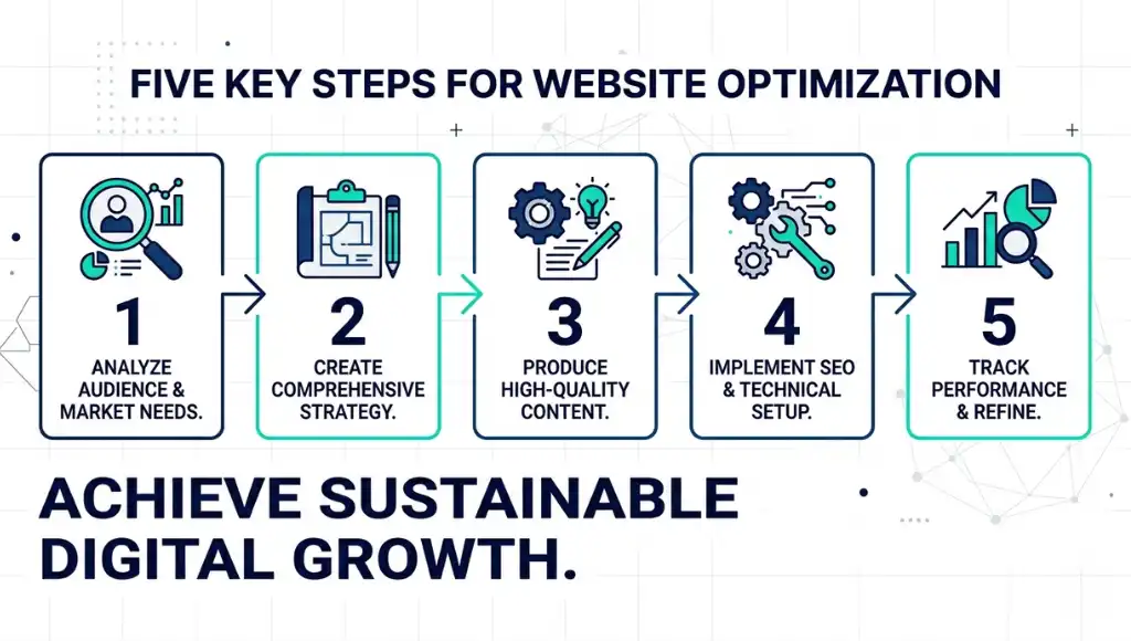 Step-by-step process for using free SEO tools including Search Console setup, crawl, and keyword research