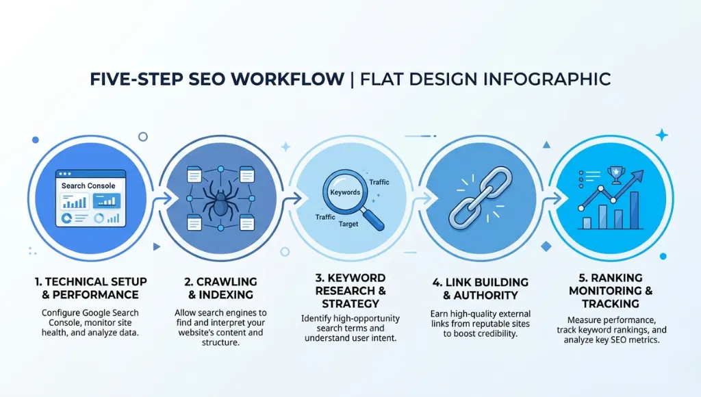 Step-by-step workflow diagram showing how to use free SEO tools including Google Search Console and Screaming Frog