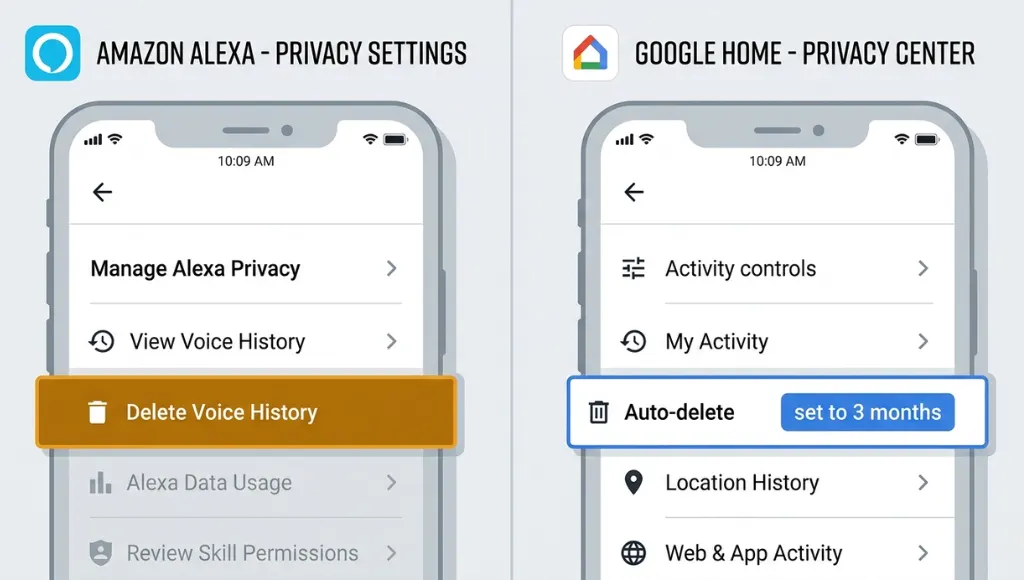 Google Home vs Alexa privacy settings comparison showing auto-delete options in each app