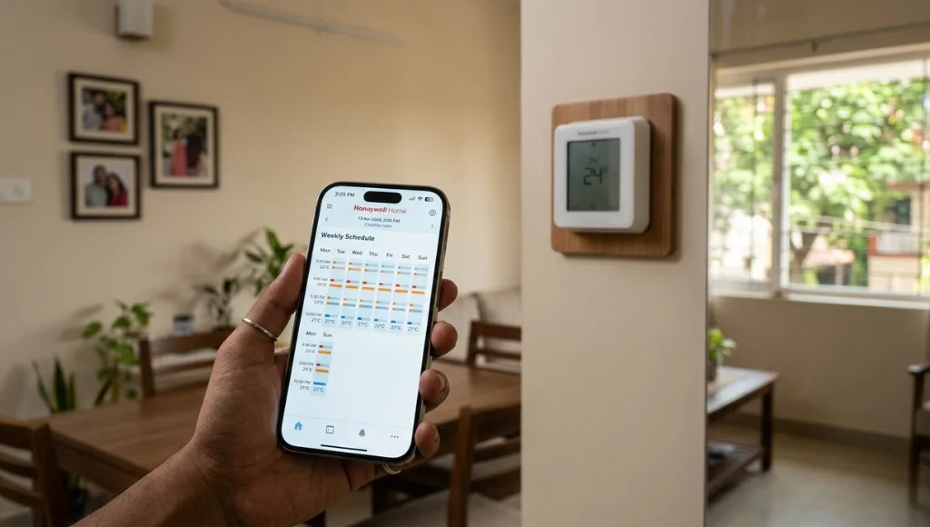 Honeywell Home app showing thermostat schedule configuration on a smartphone next to a smart thermostat