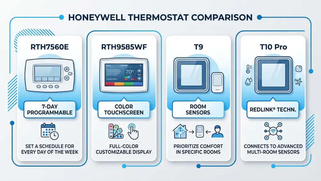 Comparison of Honeywell thermostat models including RTH9585WF, T9, and T10 Pro