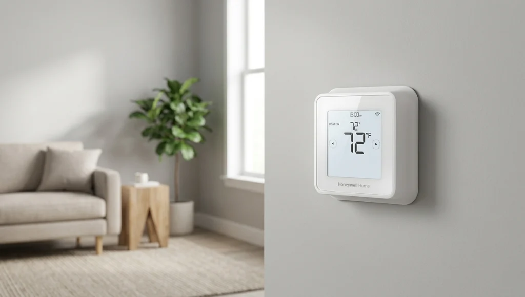 Honeywell smart thermostat mounted on an interior wall showing temperature settings in a modern home