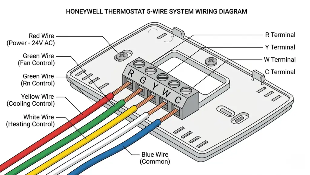 Honeywell thermostat wiring diagram showing C-wire and terminal connections for HVAC installation