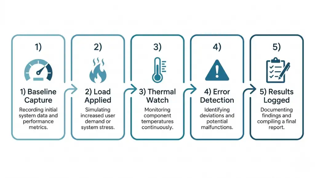 Step-by-step diagram showing how pc stress test software cycles from baseline through load testing to error detection