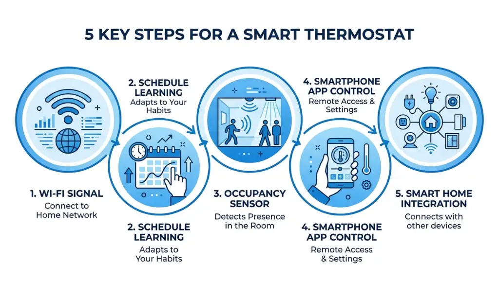 Diagram showing how a smart thermostat connects to Wi-Fi, learns schedules, and integrates with smart home devices
