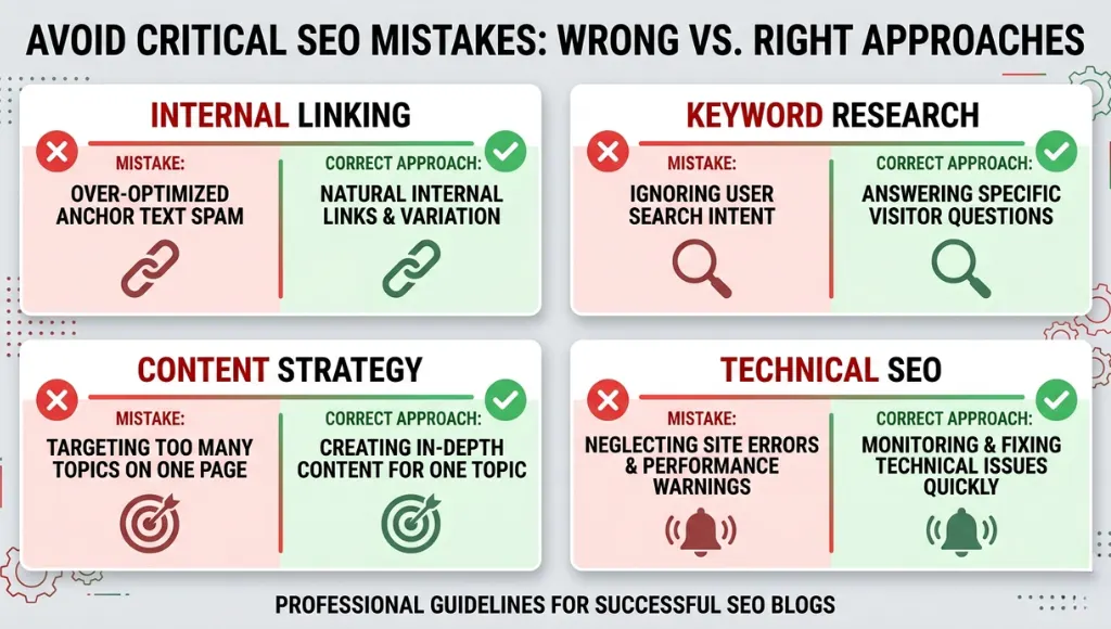Warning infographic showing four common backlink building mistakes and their correct alternatives