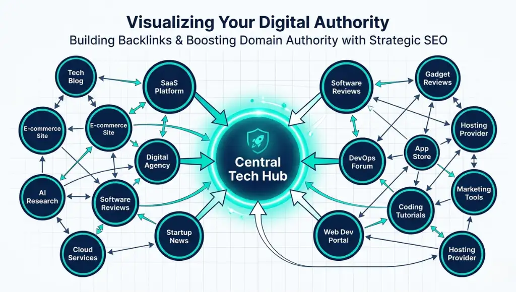 Visual guide showing how to build backlinks for tech websites in 2026 with a connected node network diagram