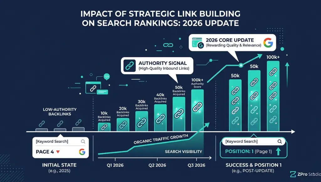 Infographic showing why building quality backlinks matters for SEO rankings in 2026